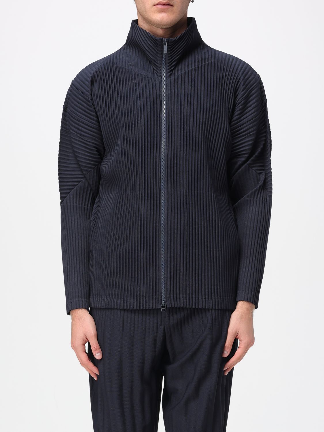 Issey Miyake Ns Navy High-neck Two-slip-pockets Slim-fit Knitted Jacket In Blue