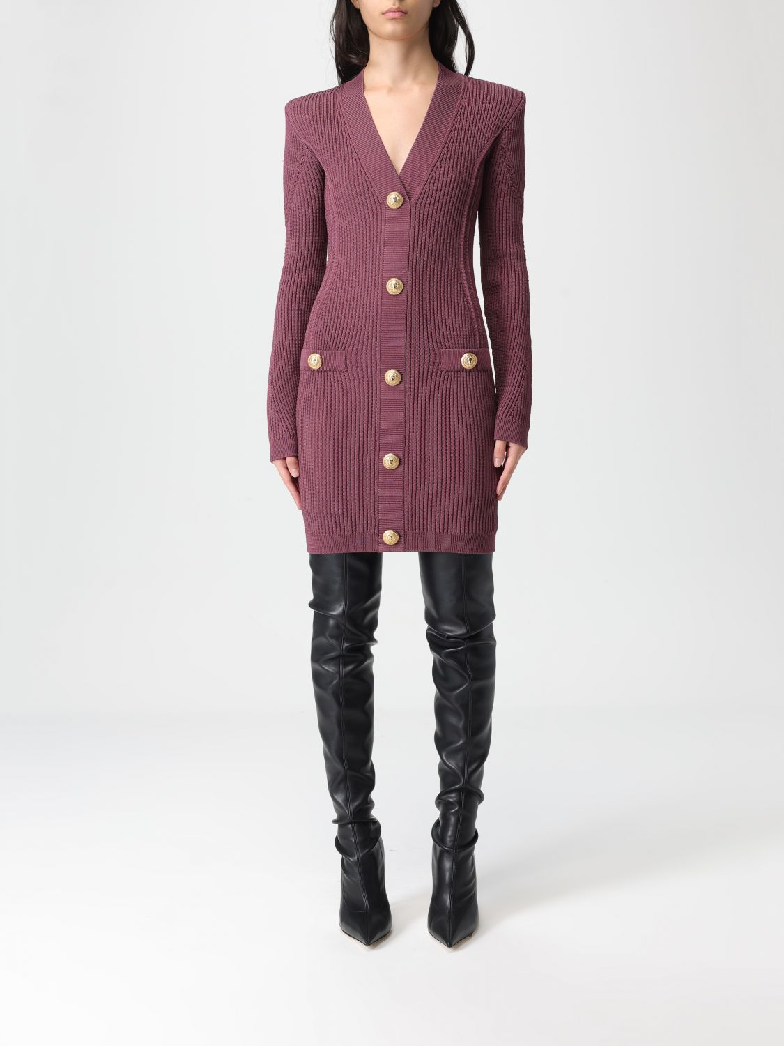 Balmain V-neck Knitted Mini Dress In Purple