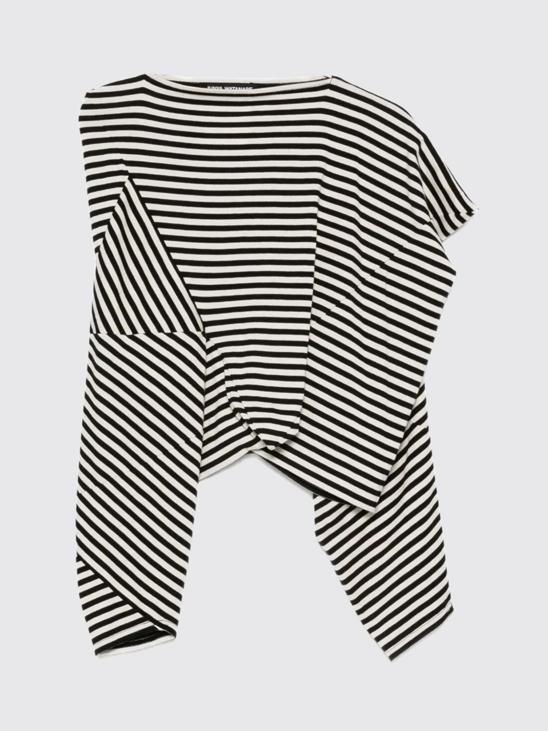 Junya Watanabe Striped Long Sleeve Asymmetric Top In Black