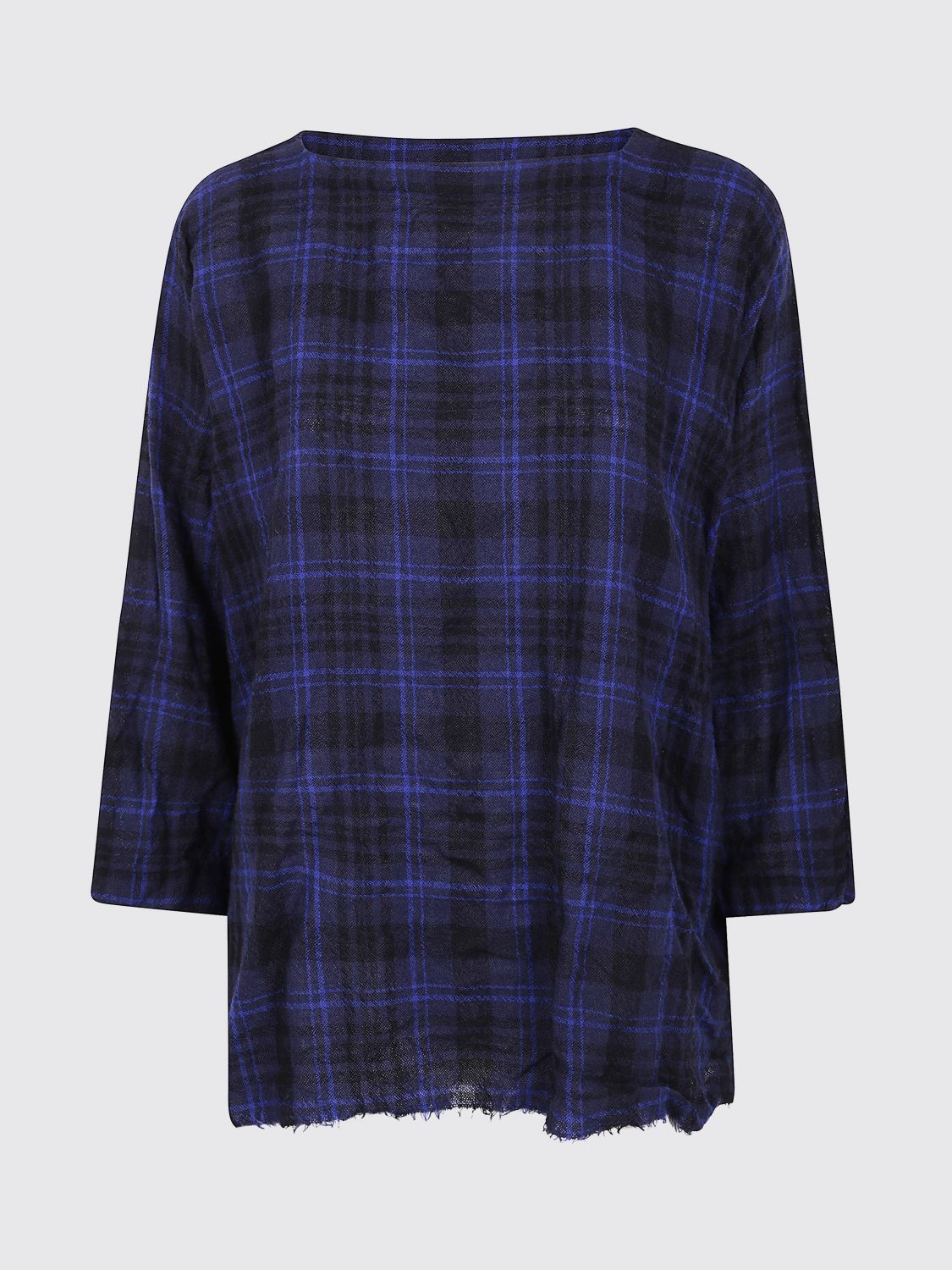 Daniela Gregis Tartam-print Frayed-hem Blouse In Blue