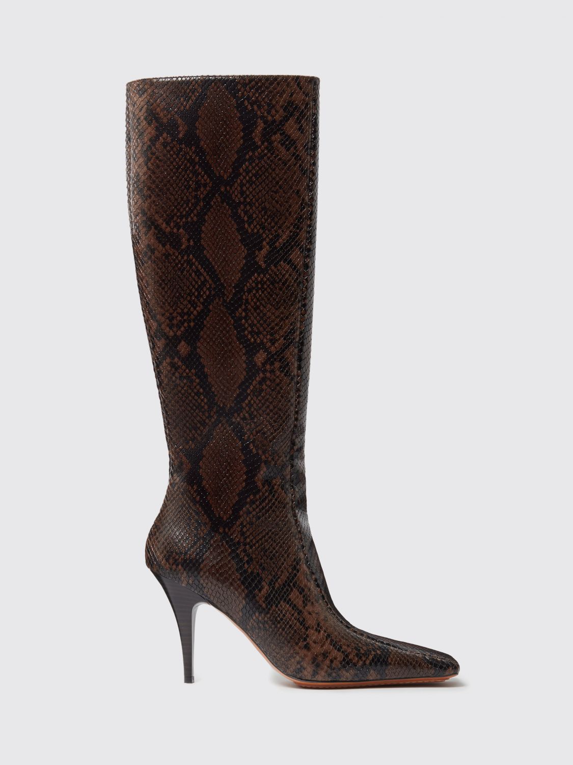 Stella Mccartney Knee-high Snake-effect Boots With Stiletto Heel And Squared Toe In Brown