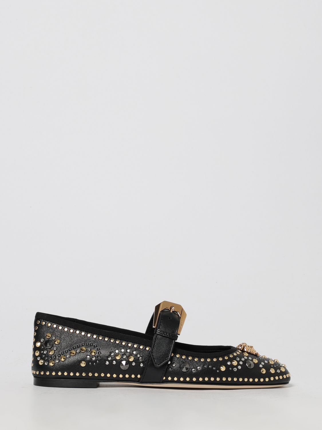 Versace Black Ballerinas With Studs Application And Buckle Closure In Leather Woman In Multi