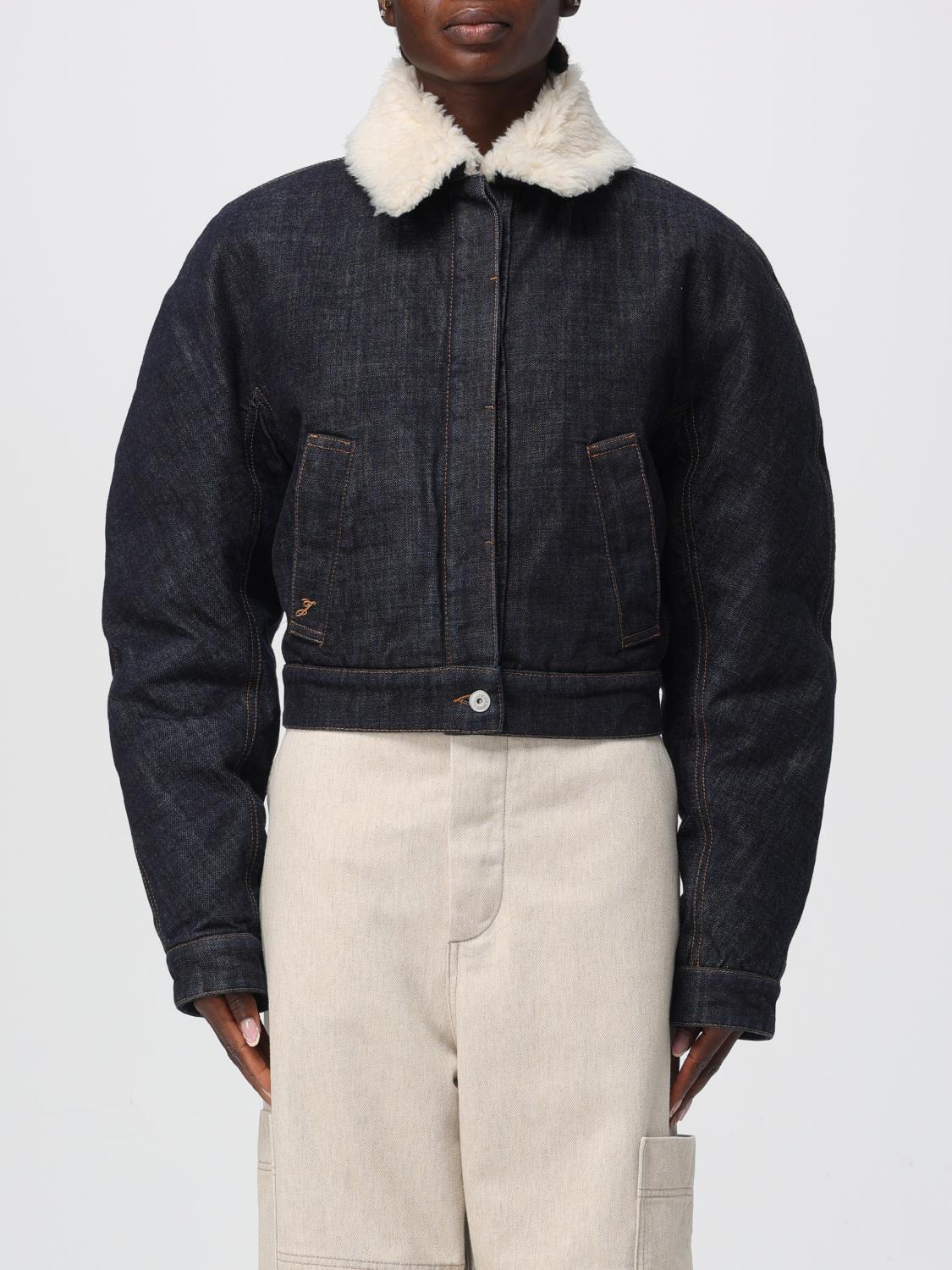 Jacquemus Le Bomber De-nimes Ovalo Blue Jacket With Fur Collar And Two Front Welt Pockets In Denim Woman In Multi