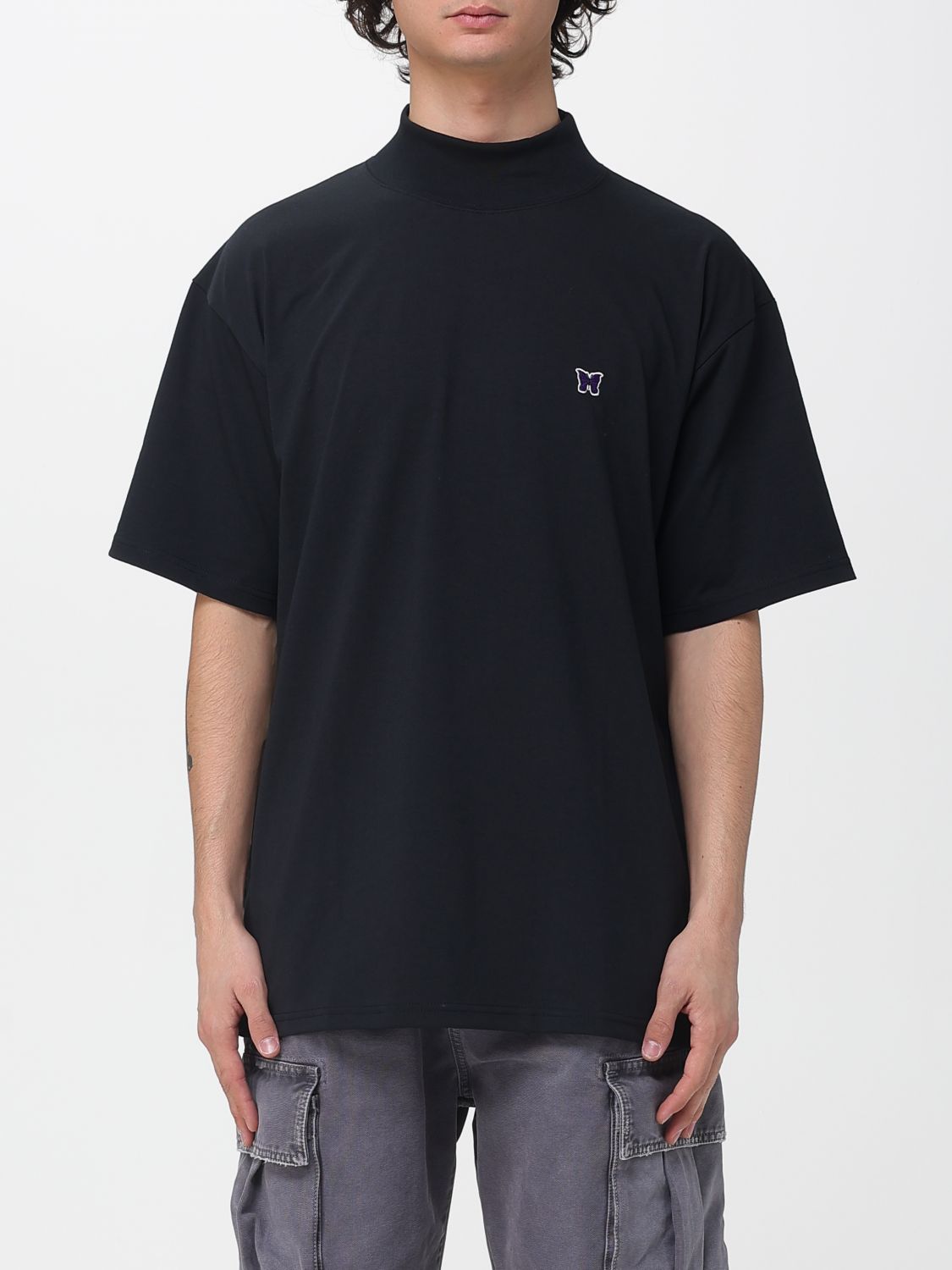 Needles Black Crewneck T-shirt With Logo Patch And Chest Pocket In Jersey In Black