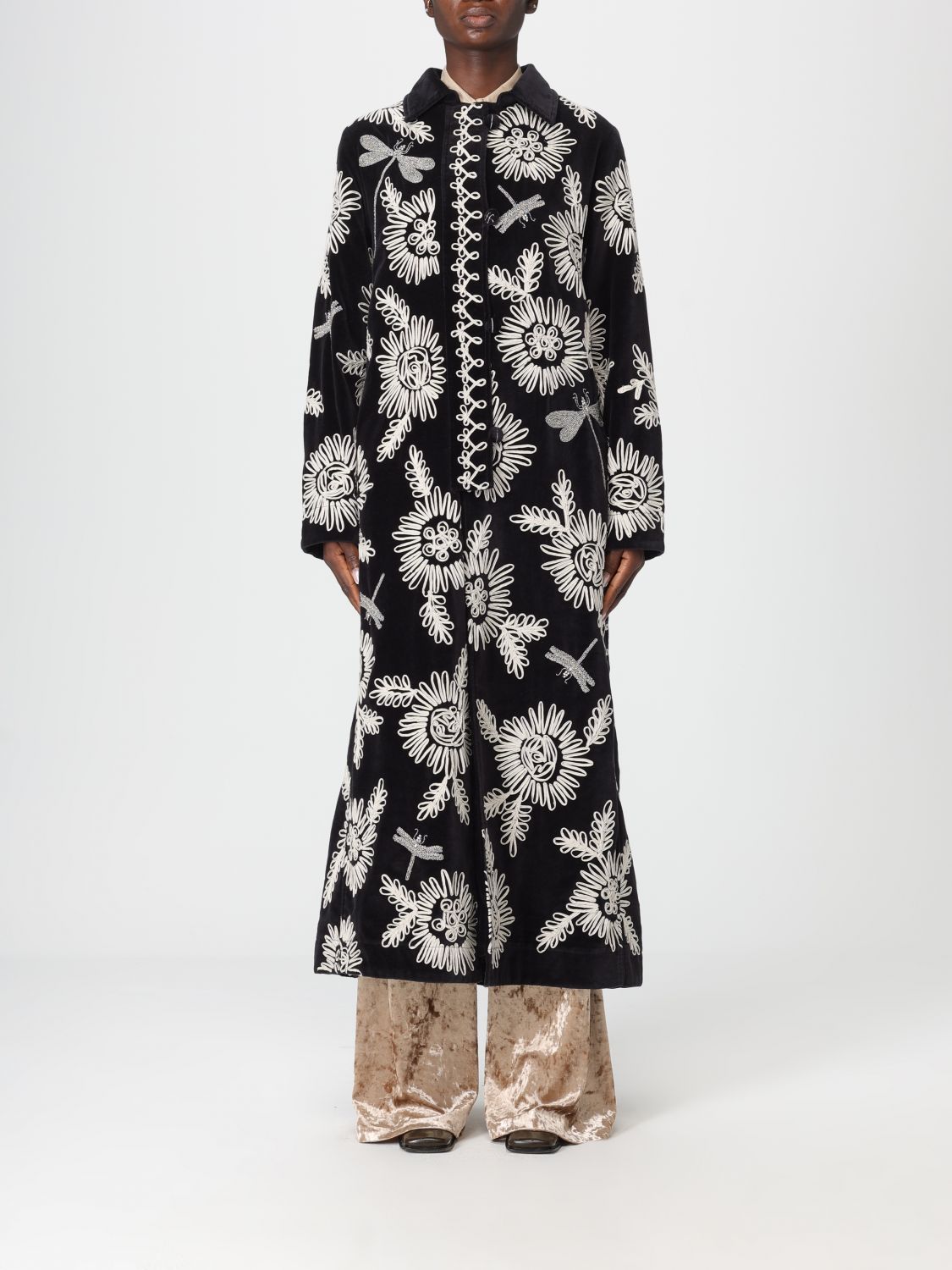 Forte Forte Long Coat With Floral Embroidery And Pockets In Black