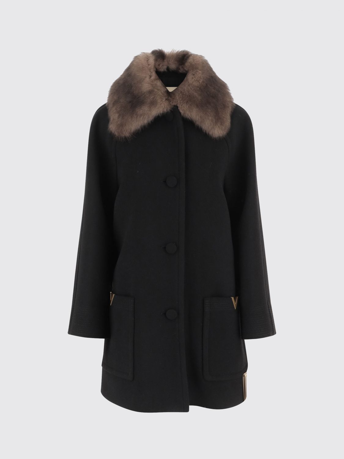 Valentino Shearling-trimmed Embellished Wool Coat In Black