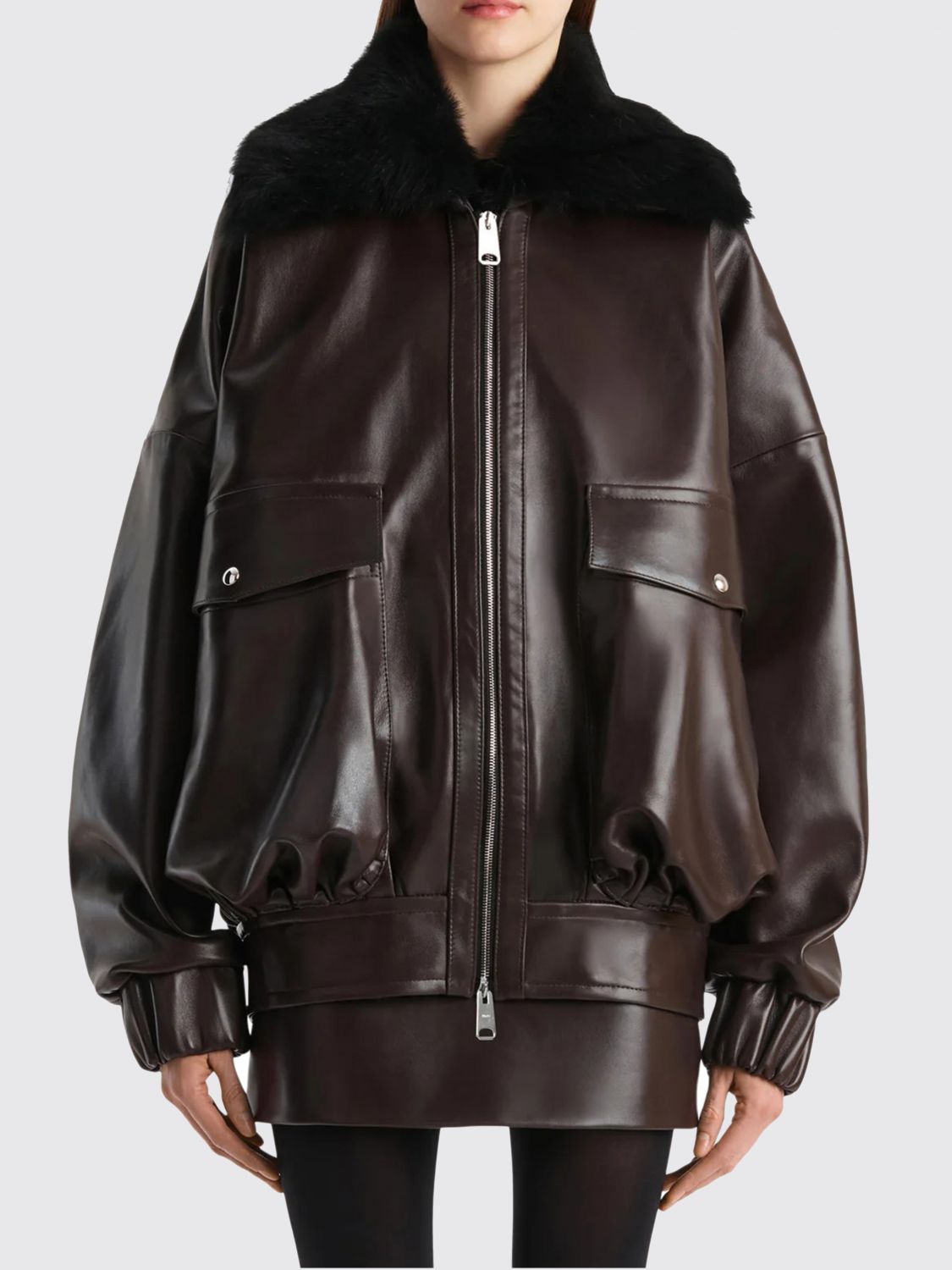 Khaite Daemon Oversized Leather Jacket With Shearling Collar In Brown