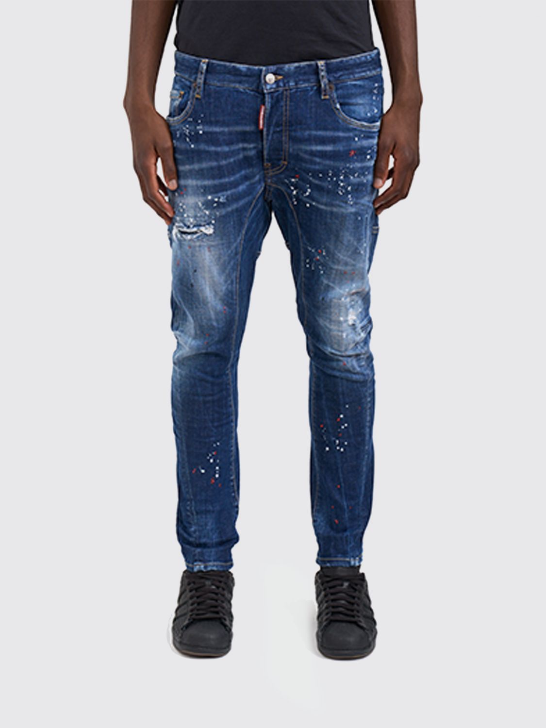 Dsquared2 Tidy Biker Blue Jeans With Paint Embellishments And Logo Patch On The Rear In Denim Man In Blue