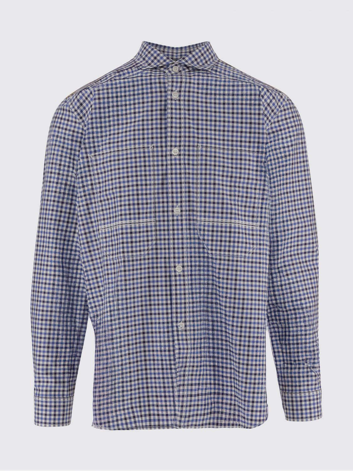 Junya Watanabe Cotton Shirt With Dual Pattern And Elbow Patches In Blue