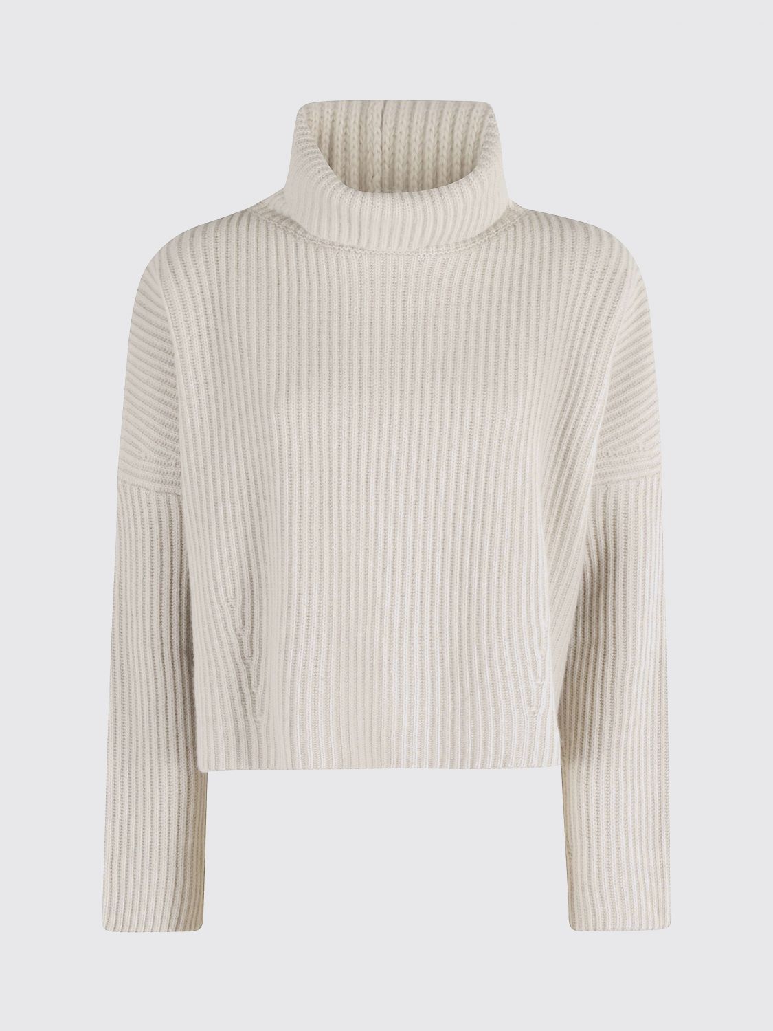 Roberto Collina Turtleneck Sweater With Wide Rib And Contrasting Stitching In Neutral