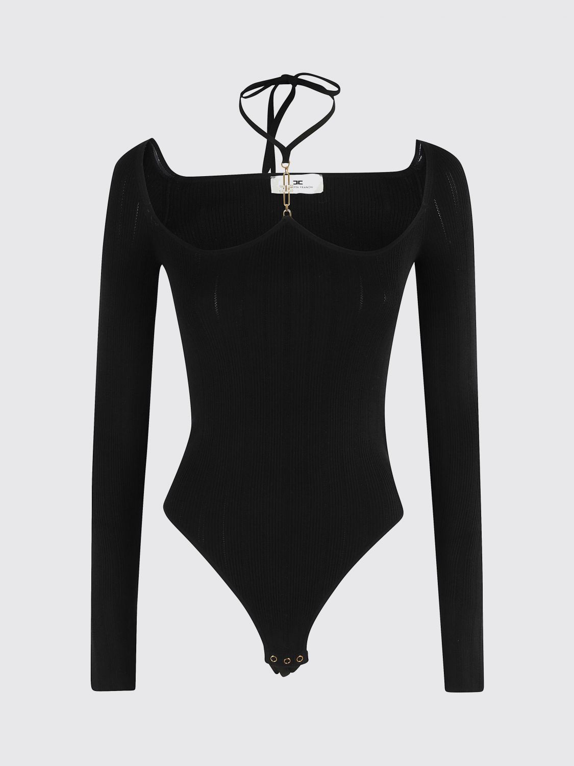 Elisabetta Franchi Bodysuit In Ribbed Knit Fabric With Openwork Details In Black