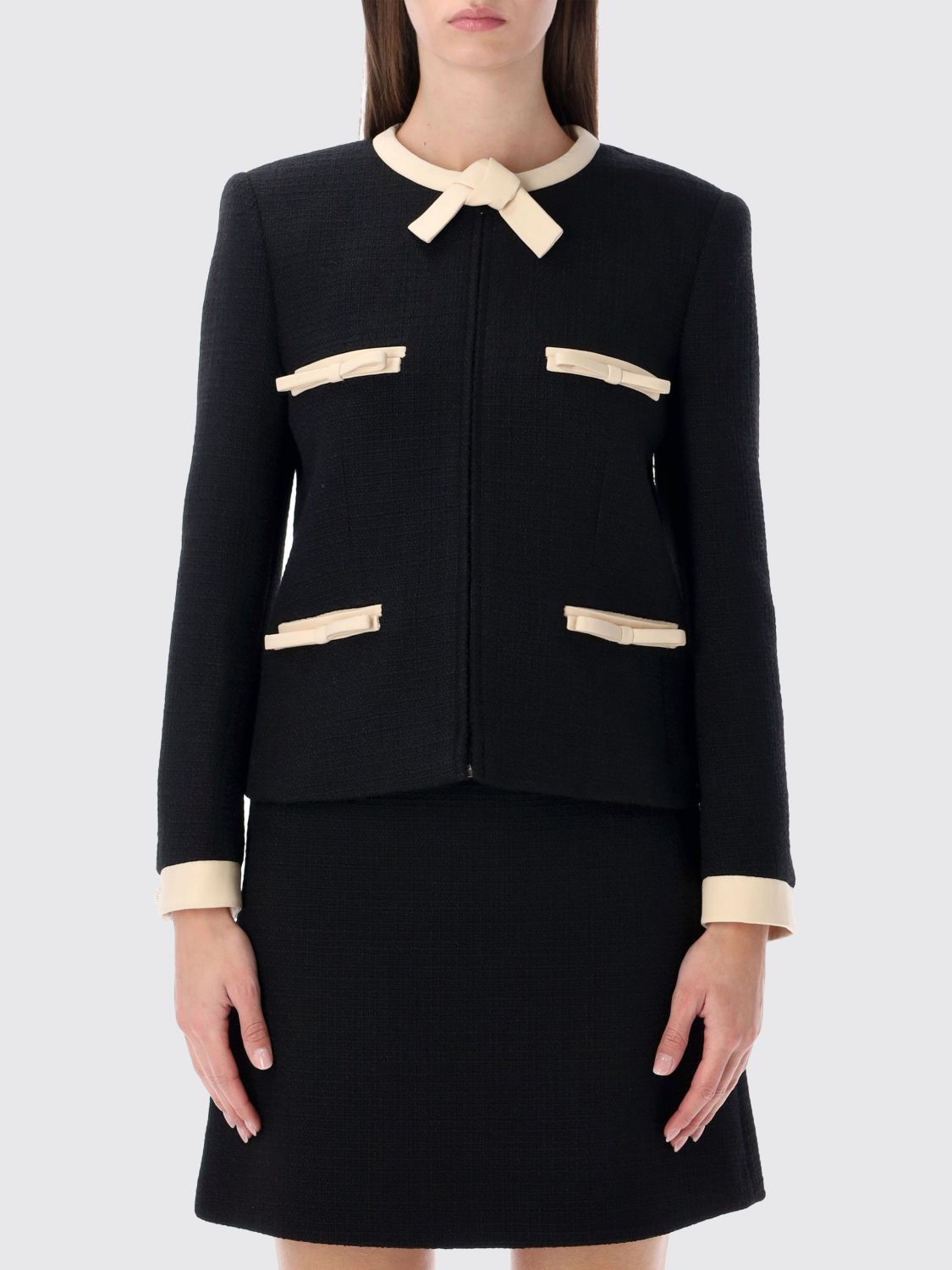 Valentino Garavani Short Wool Tweed Jacket With Bows In Black