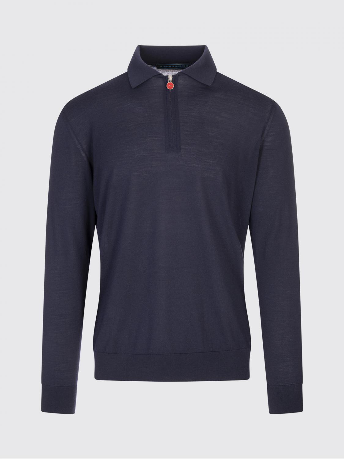 Kiton Wool Knit Polo Shirt With Classic Collar And Half-zip Closure In Blue