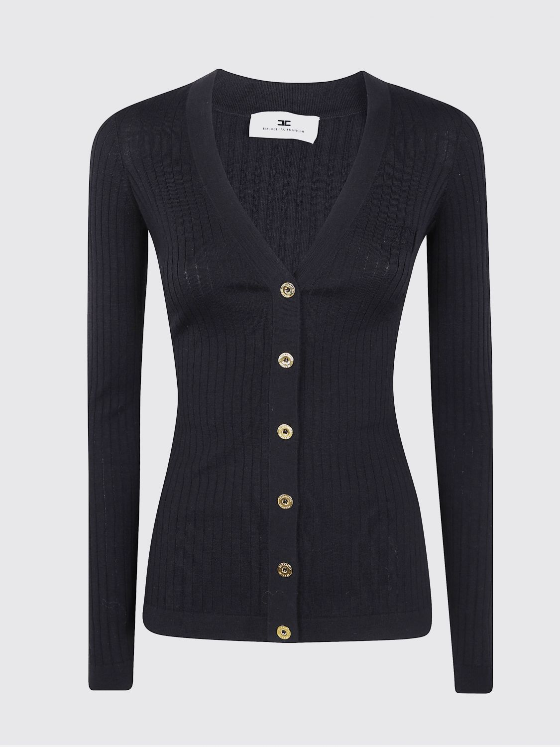 Elisabetta Franchi Ribbed Gold-button Cardigan In Blue