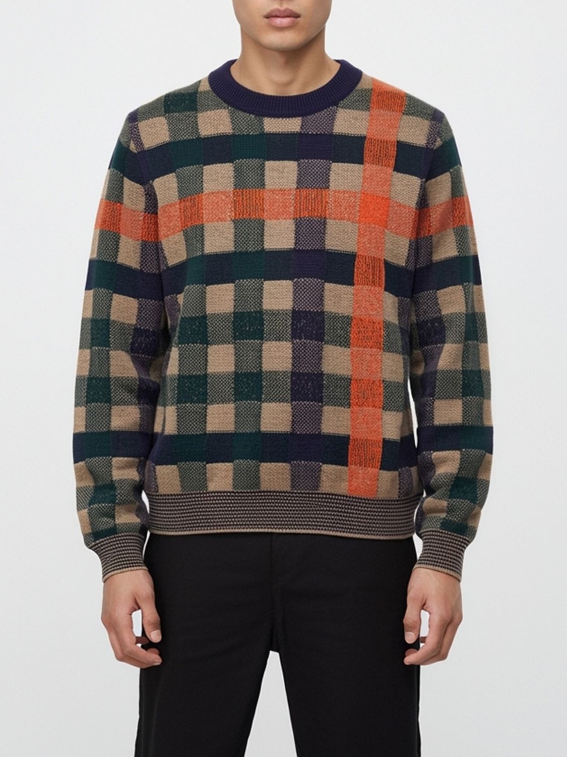 Paul Smith Tan And Navy Check Lambswool Sweater Brown In Multi