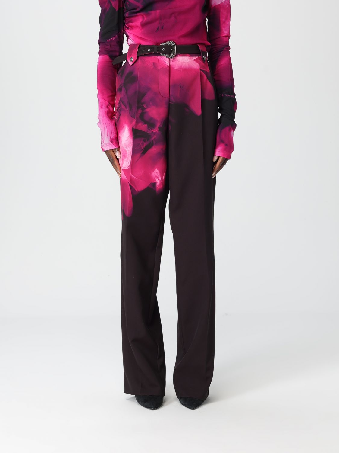Versace Jeans Couture Floral-print Belted Trousers In Pink