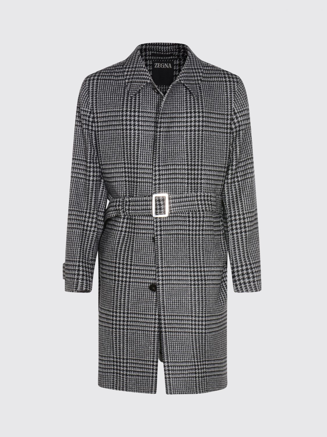 Zegna Houndstooth Pattern Coat Belted Waist In Gray