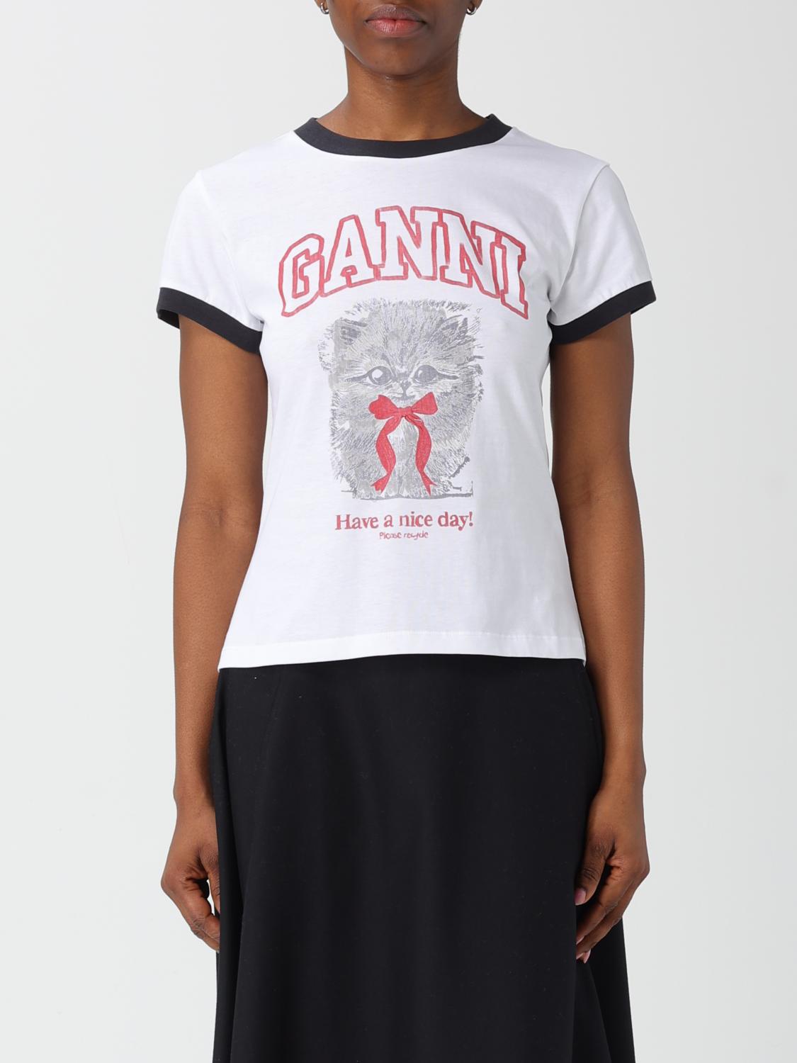 Ganni Graphic Print Crew Neck Short Sleeve Top In White