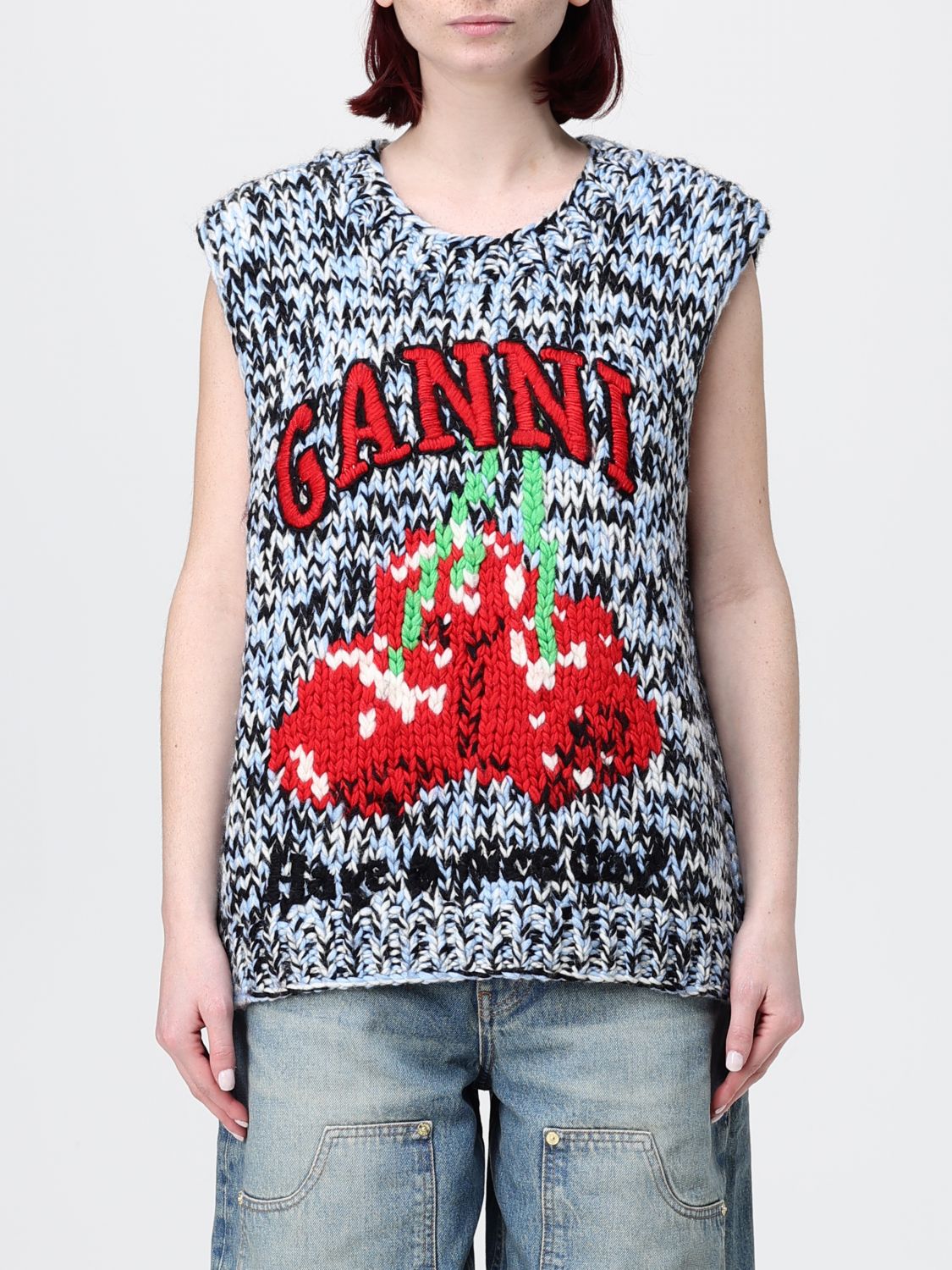 GANNI Waistcoat Woman color Gnawed Blue　GANNI チョッキ 女性 カラー Gnawed ブルー GANNI