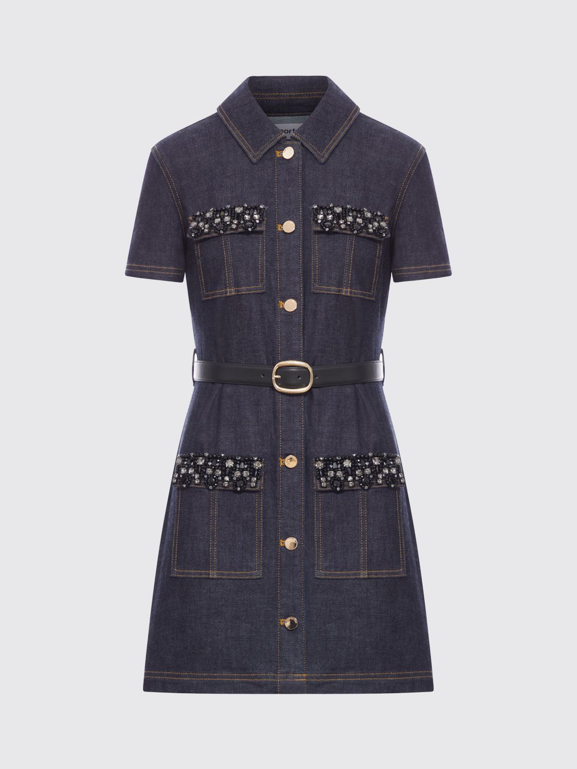 Self-portrait Indigo Denim Crystal Trim Mini Dress In Blue