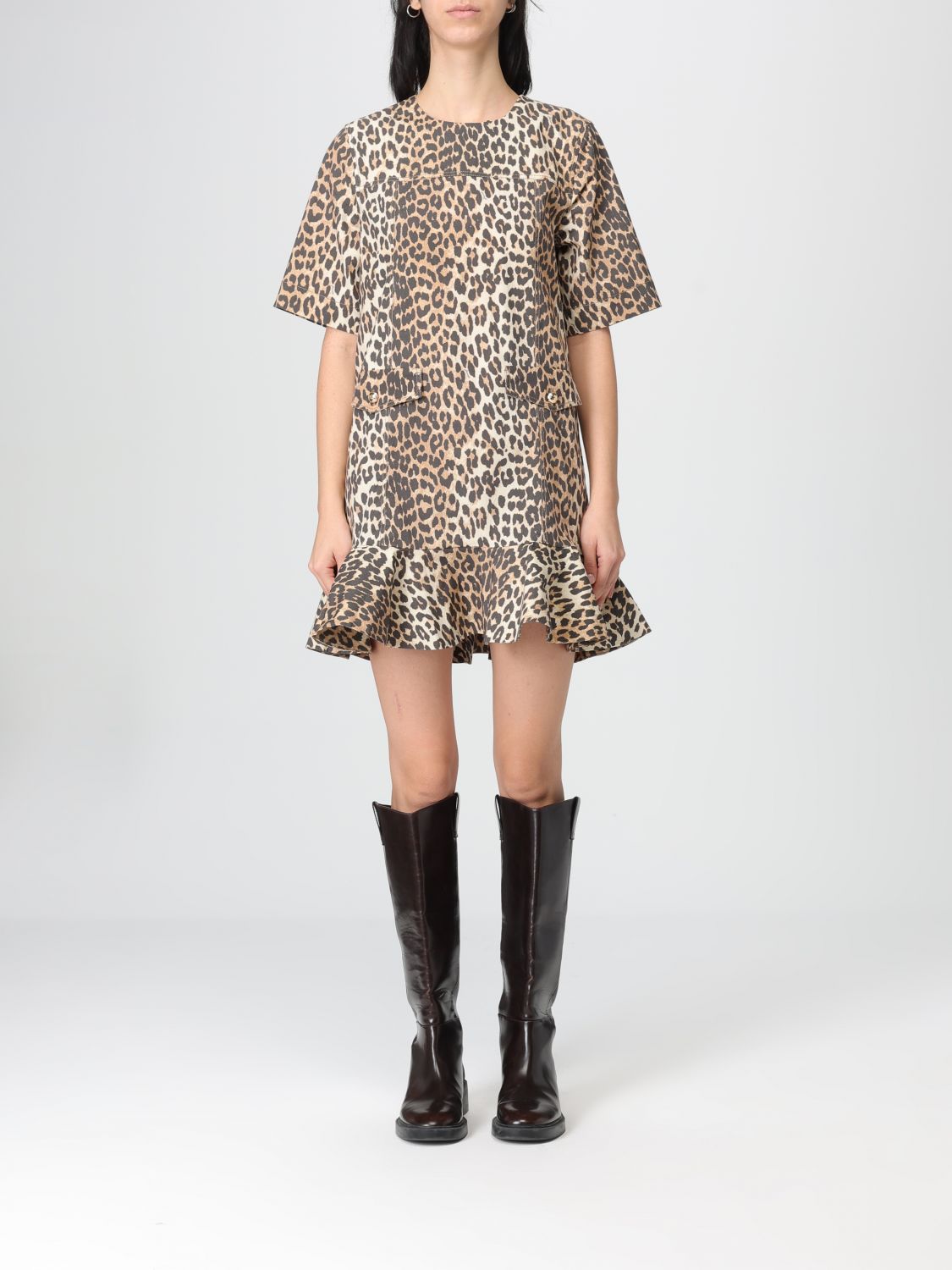 Abito mini Ganni in cotone animalier