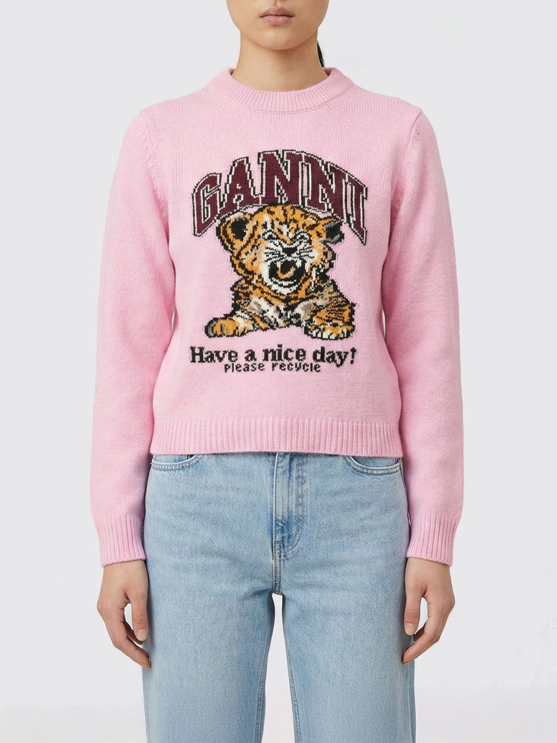 Maglia di lana con logo e fantasia banane Ganni