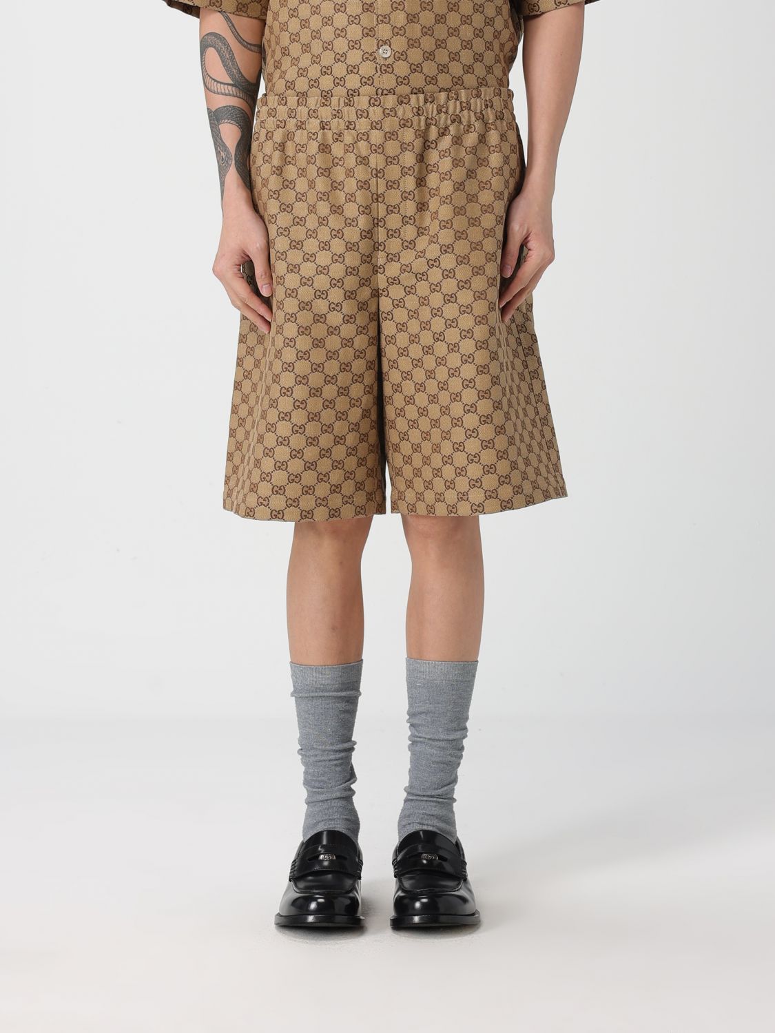 GUCCI Pantaloncino in misto lino con motivo monogram
