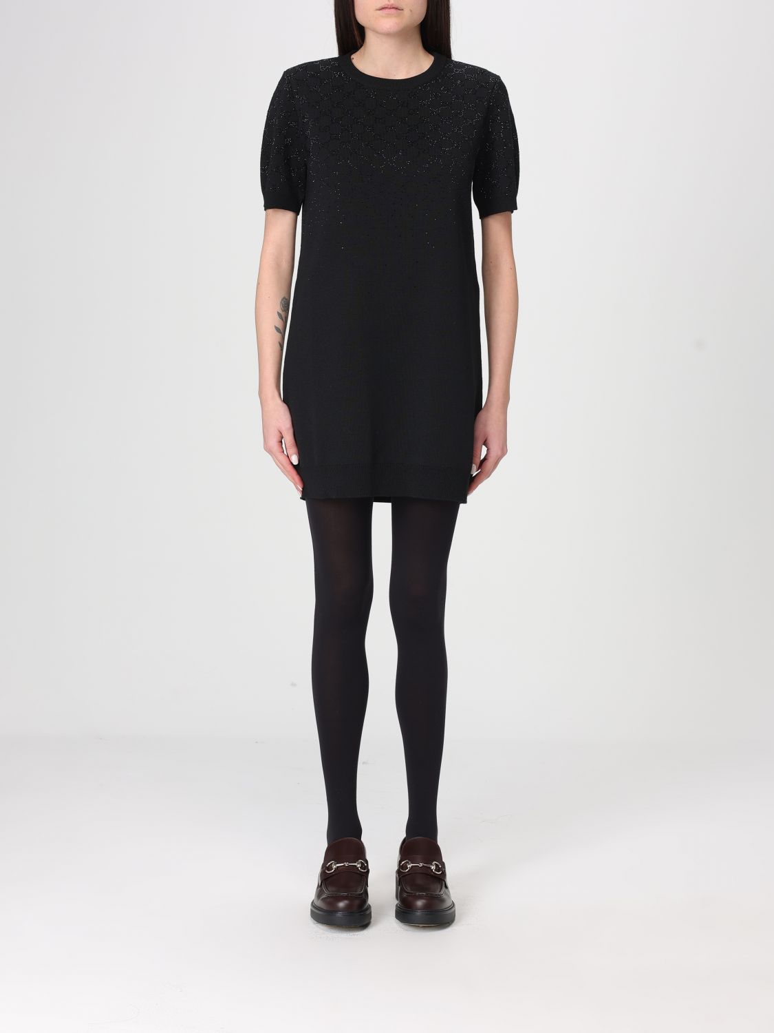 GUCCI Abito mini in maglia con motivo GG di strass