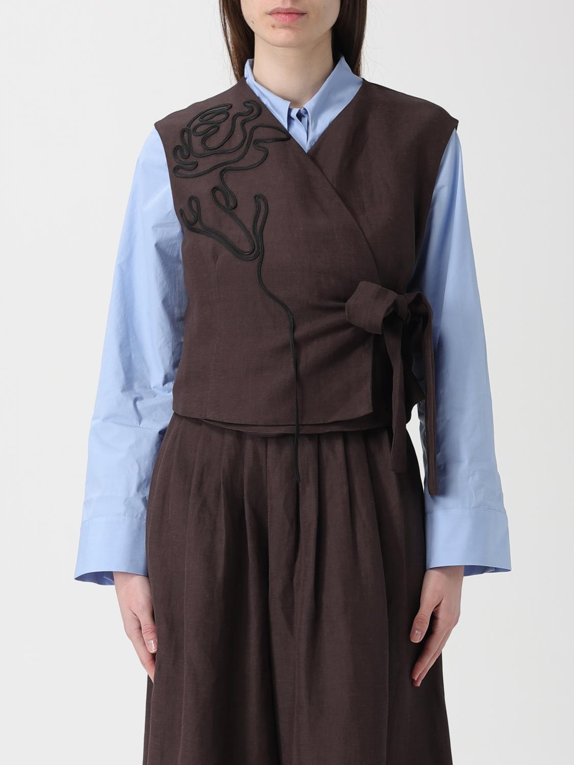 Liviana Conti Timothy Vest In Linen Blend With Floral Embroidery In Multi