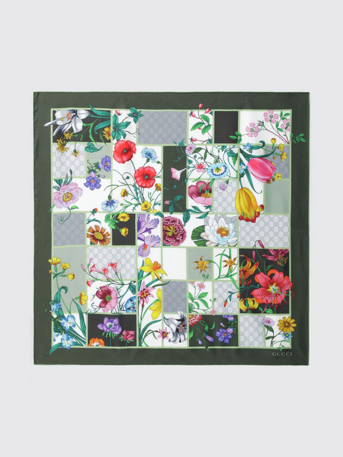 GUCCI Foulard in twill di seta con monogram GG e motivo floreale