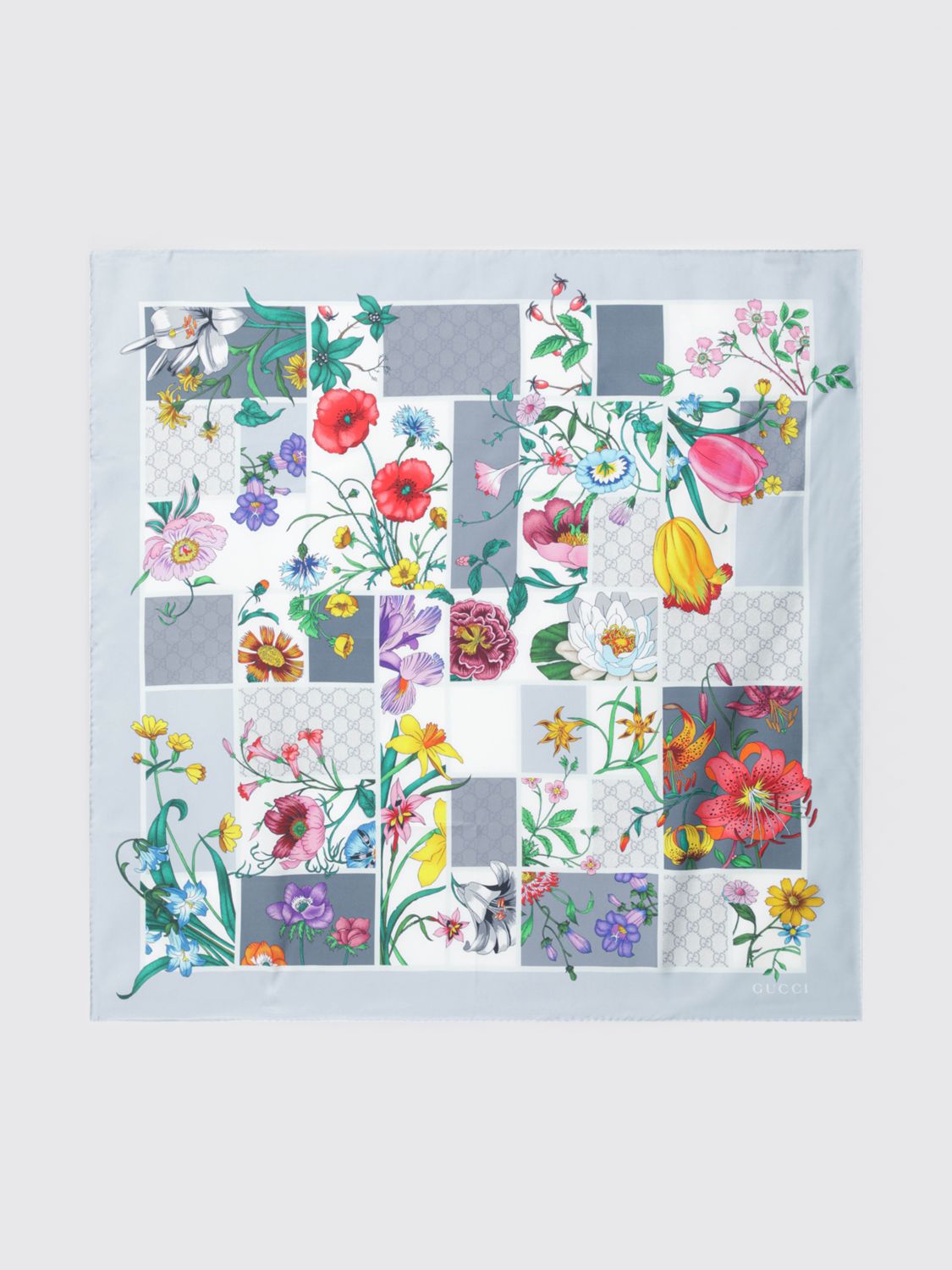 GUCCI Foulard in twill di seta con monogram GG e motivo floreale