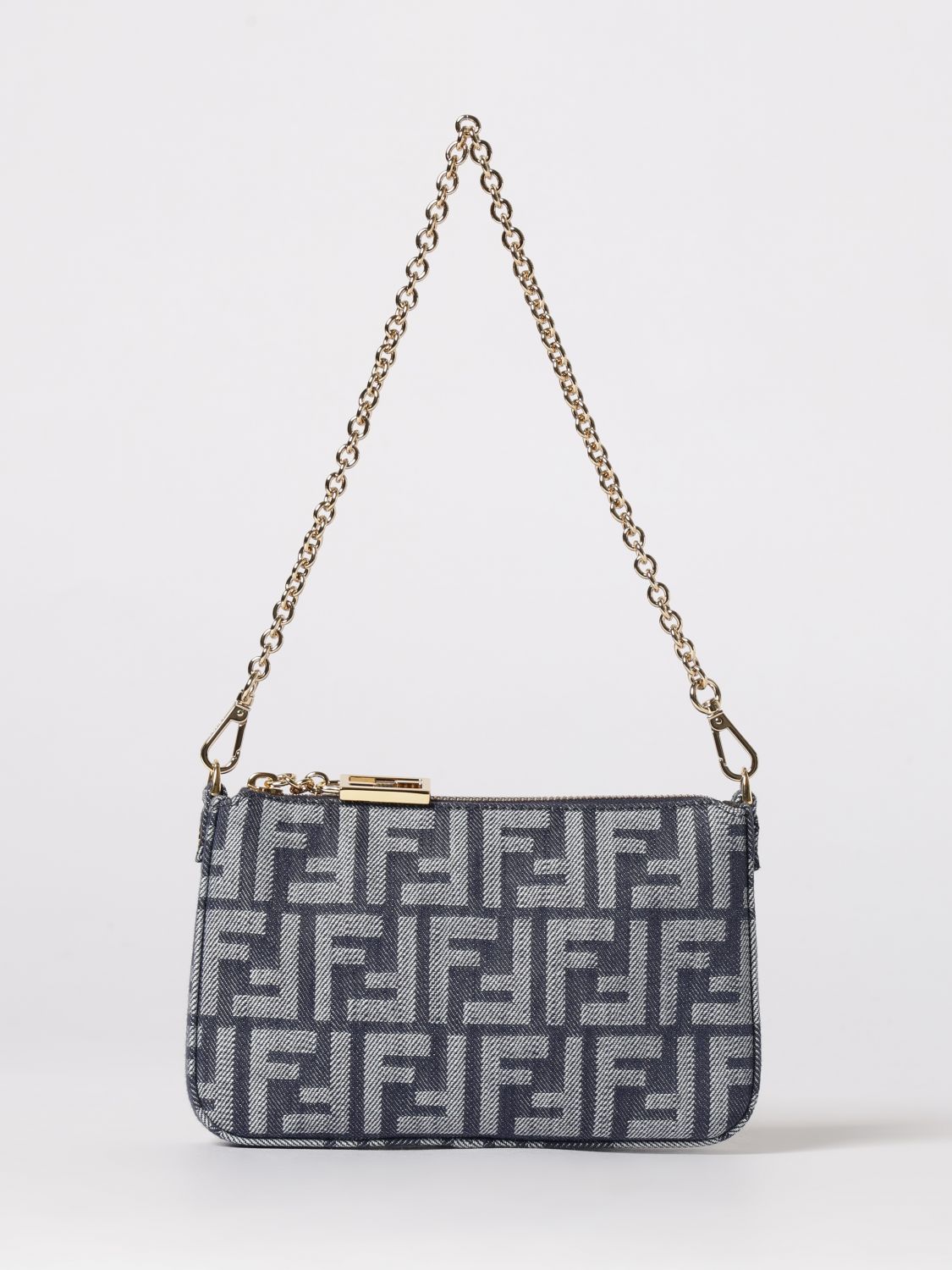 FENDI Pouch Baguette in denim di cotone con monogram FF jacquard
