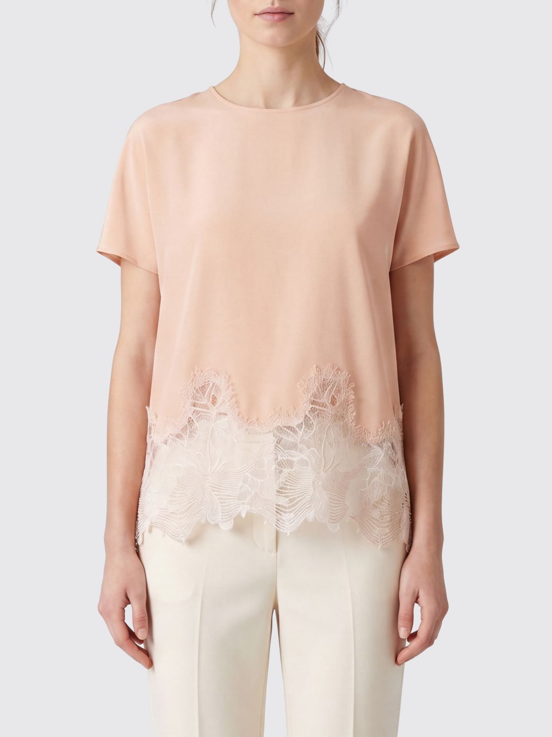 FABIANA FILIPPI Blusa girocollo in misto seta con inserti in pizzo