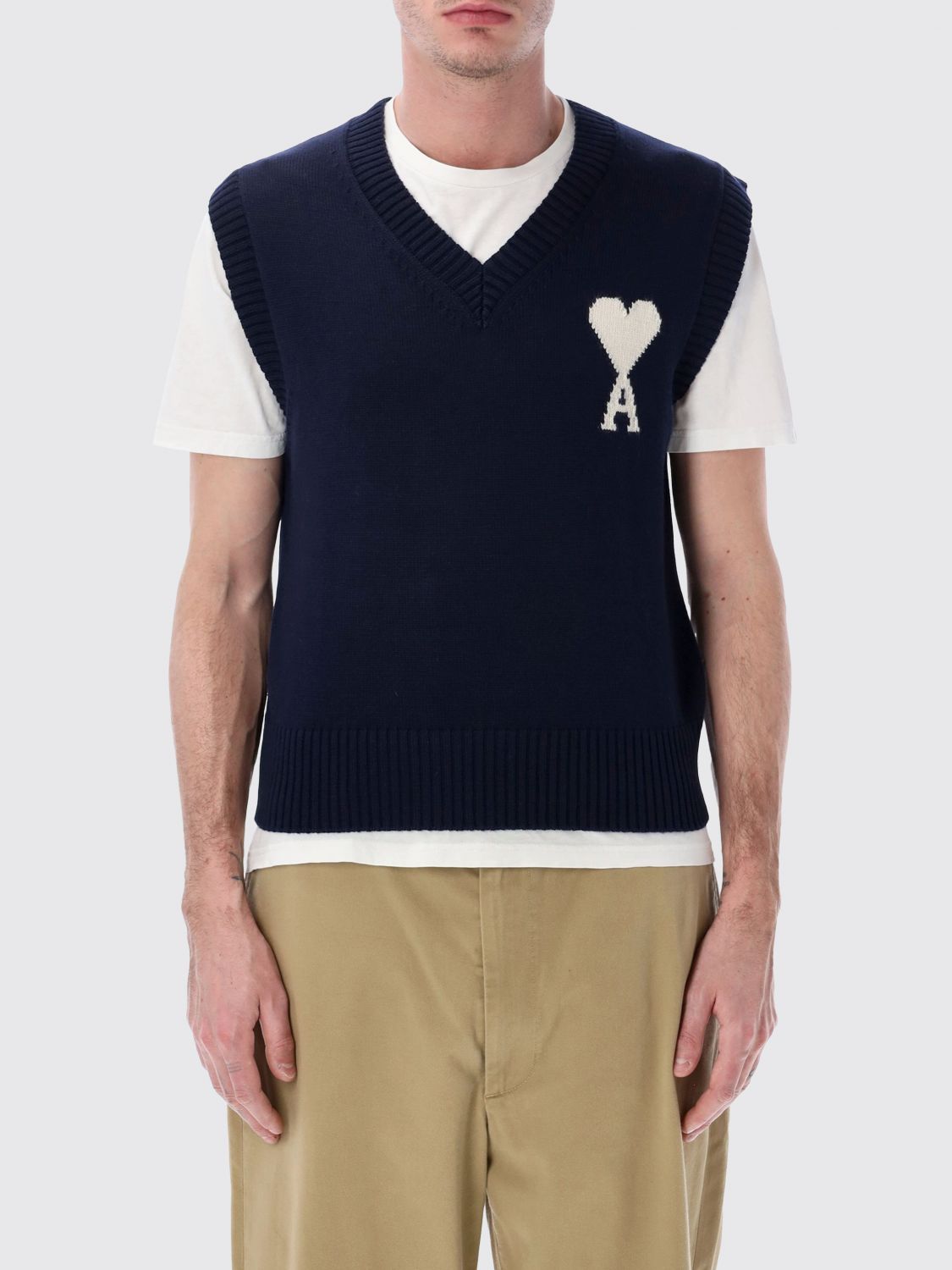 AMI PARIS Wool and Cotton Knit Vest with Logo　AMI PARIS ロゴ入りウール＆コットンニットベスト AMI