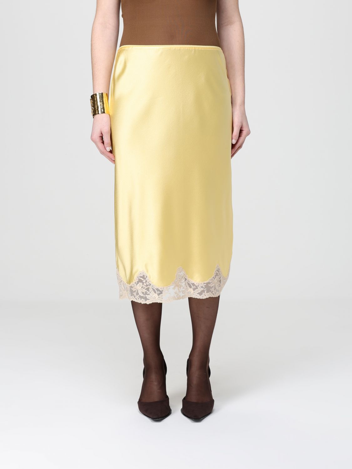SAINT LAURENT Gonna midi in raso con inserti in pizzo