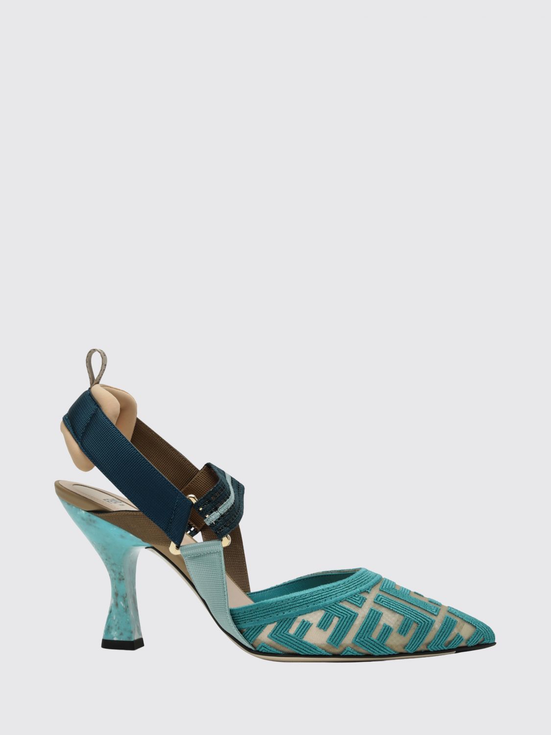FENDI Slingback Colibrì in mesh e pelle con monogram FF ricamato