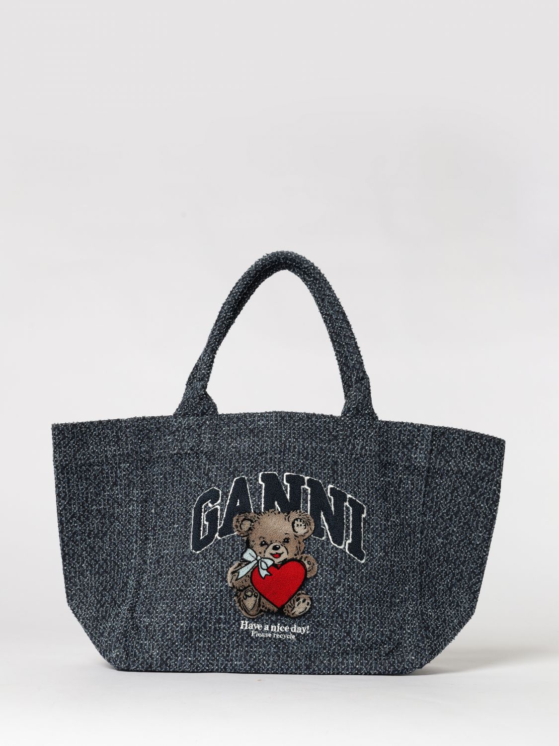 GANNI Denim Large Bear Tote Bag In Organic Cotton Tweed　GANNI オーガニックコットンツイード デニム ラージ ベア トートバッグ GANNI