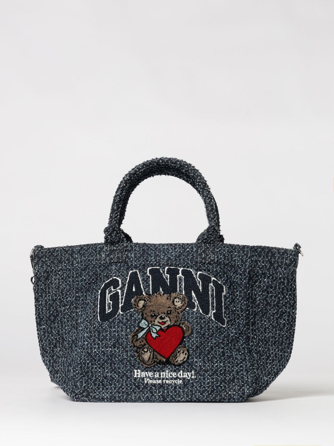 Borsa Denim Small Bear Tote Ganni in tweed cotone organico