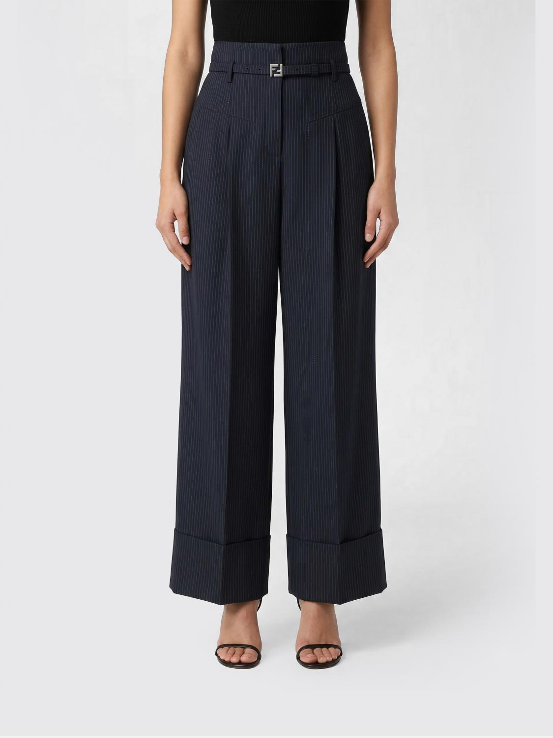 FENDI Pantaloni palazzo in misto lana con motivo gessato