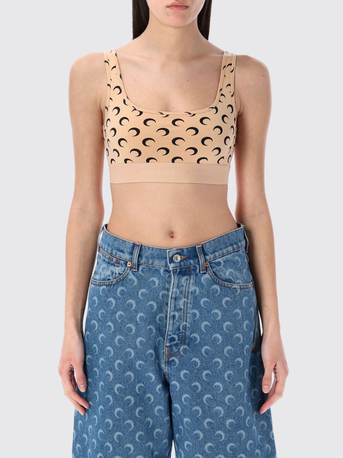 Marine Serre Stretch Nylon Crop Top with Logo