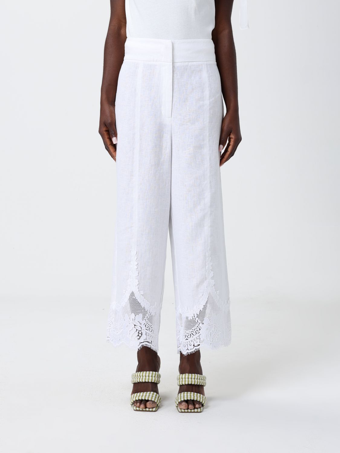 Twinset Gecropte Leinenhose mit Spitzeneinsätzen