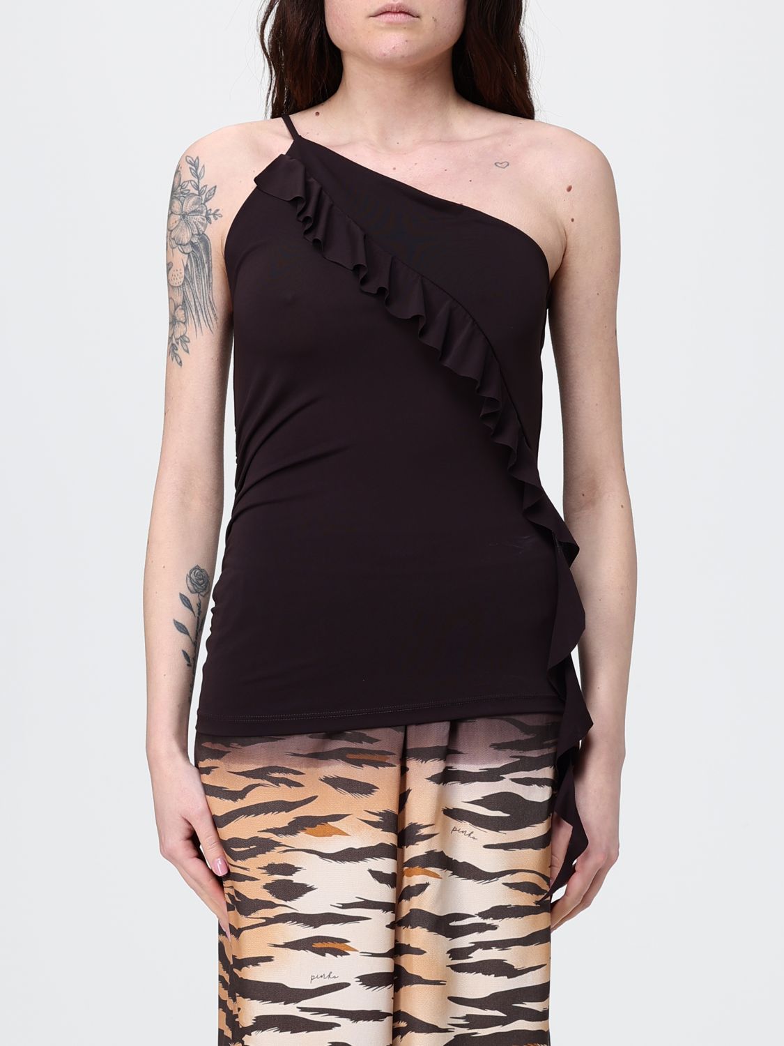 PINKO One-Shoulder Crêpe-Top mit Rüschen