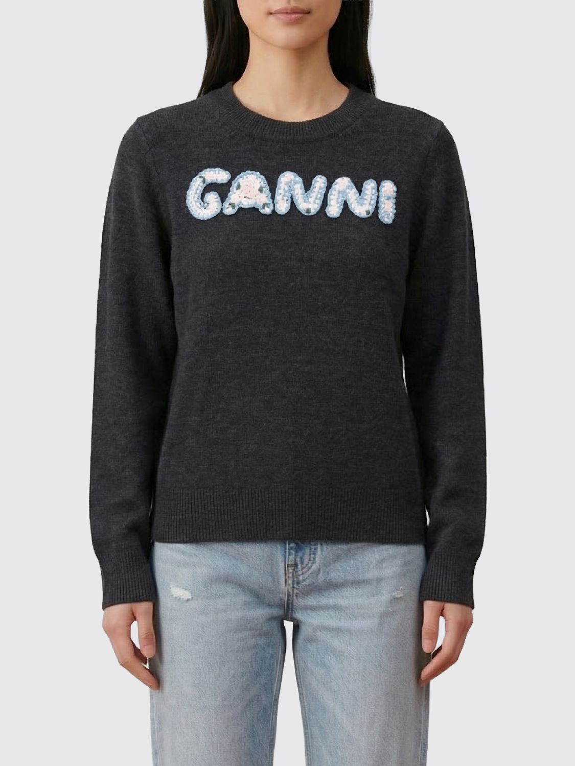 GANNI Wool Knit Sweater with Crocheted Logo　GANNI かぎ針編みロゴ付きウールニットセーター GANNI