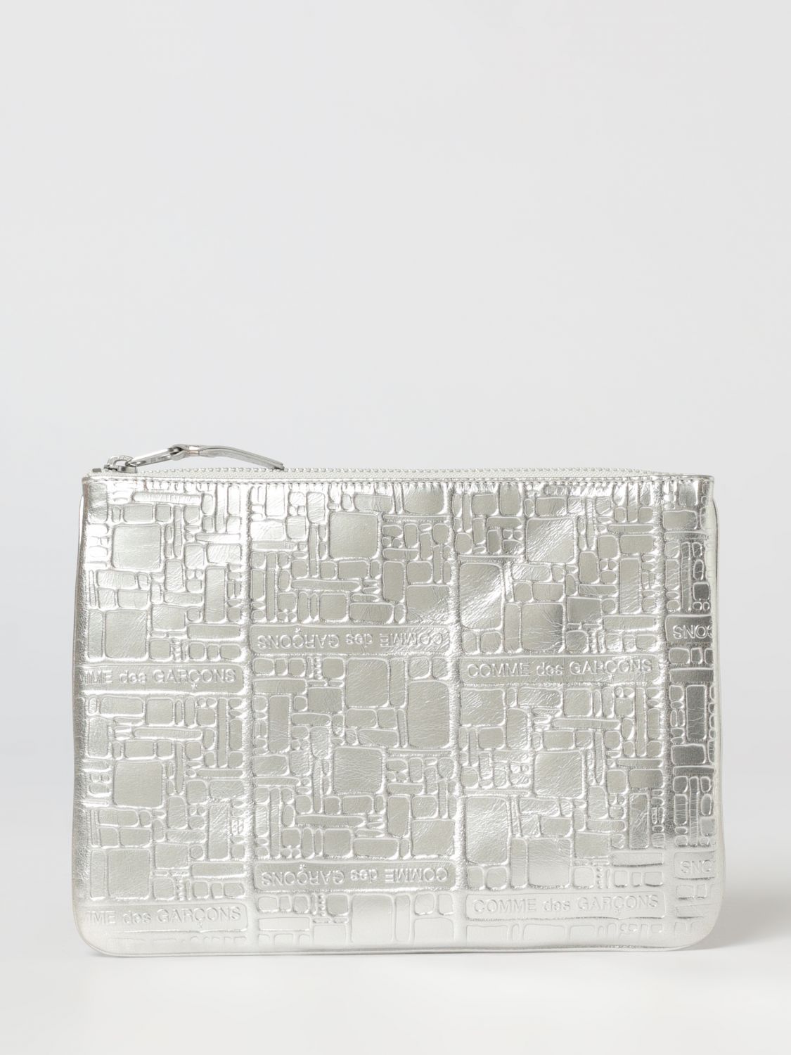Comme Des Garçons Wallet Embossed Leather Pouch In Silver