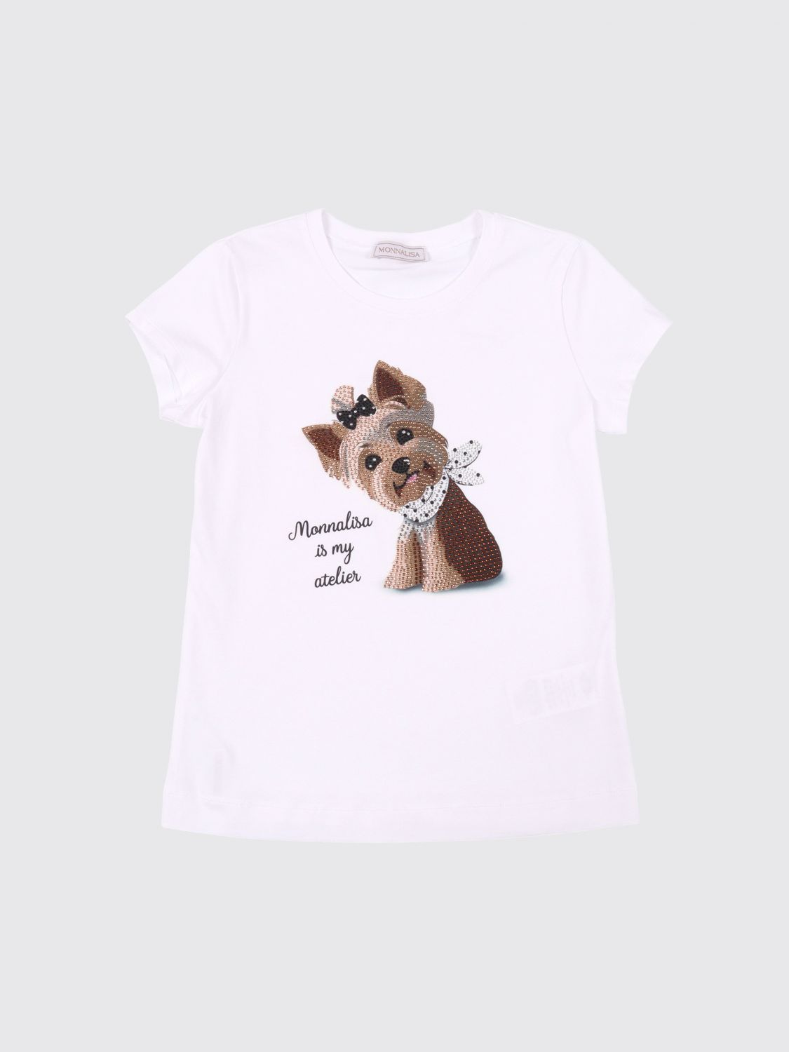 MONNALISA Baumwoll-T-Shirt mit Hunde-Print und Strasssteinen