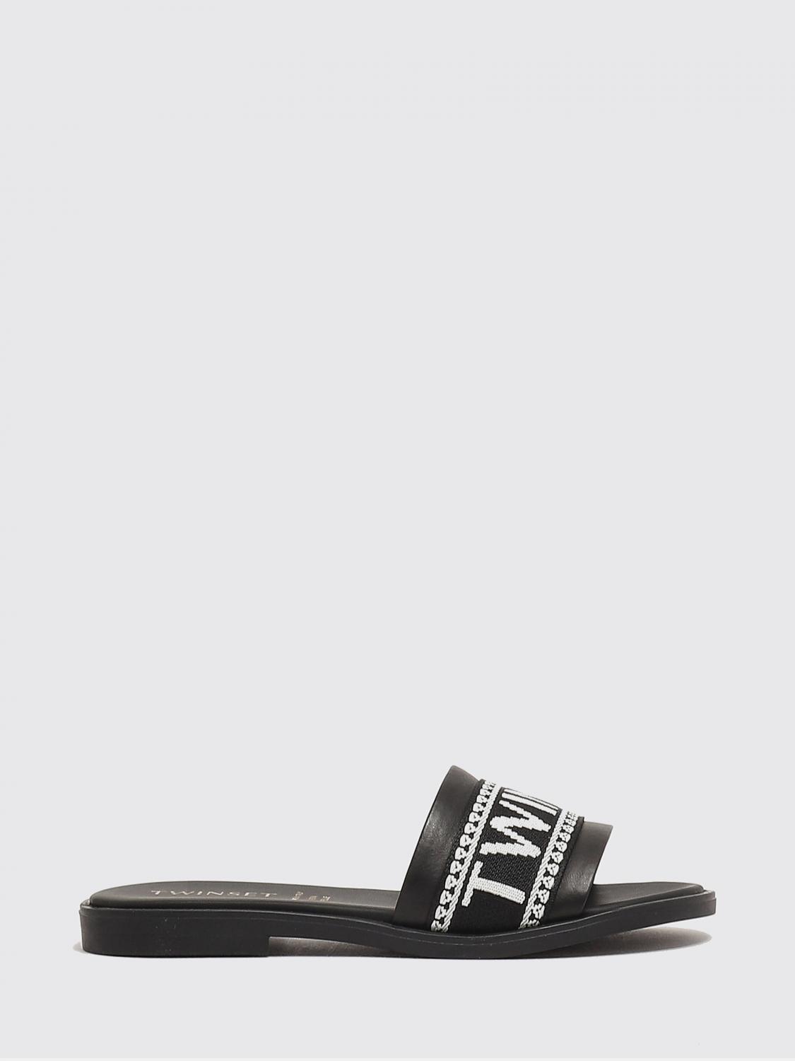 Twinset Sandalo in pelle e canvas jacquard