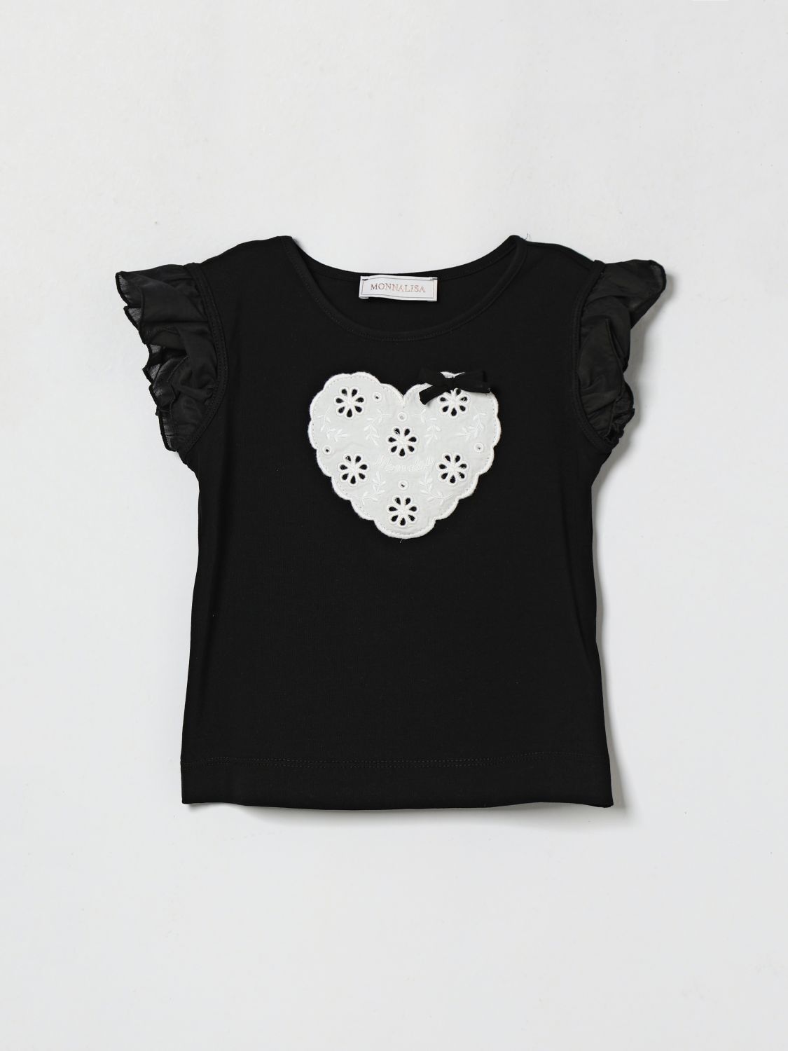 MONNALISA T-shirt in jersey di cotone con cuore ricamato e rouches