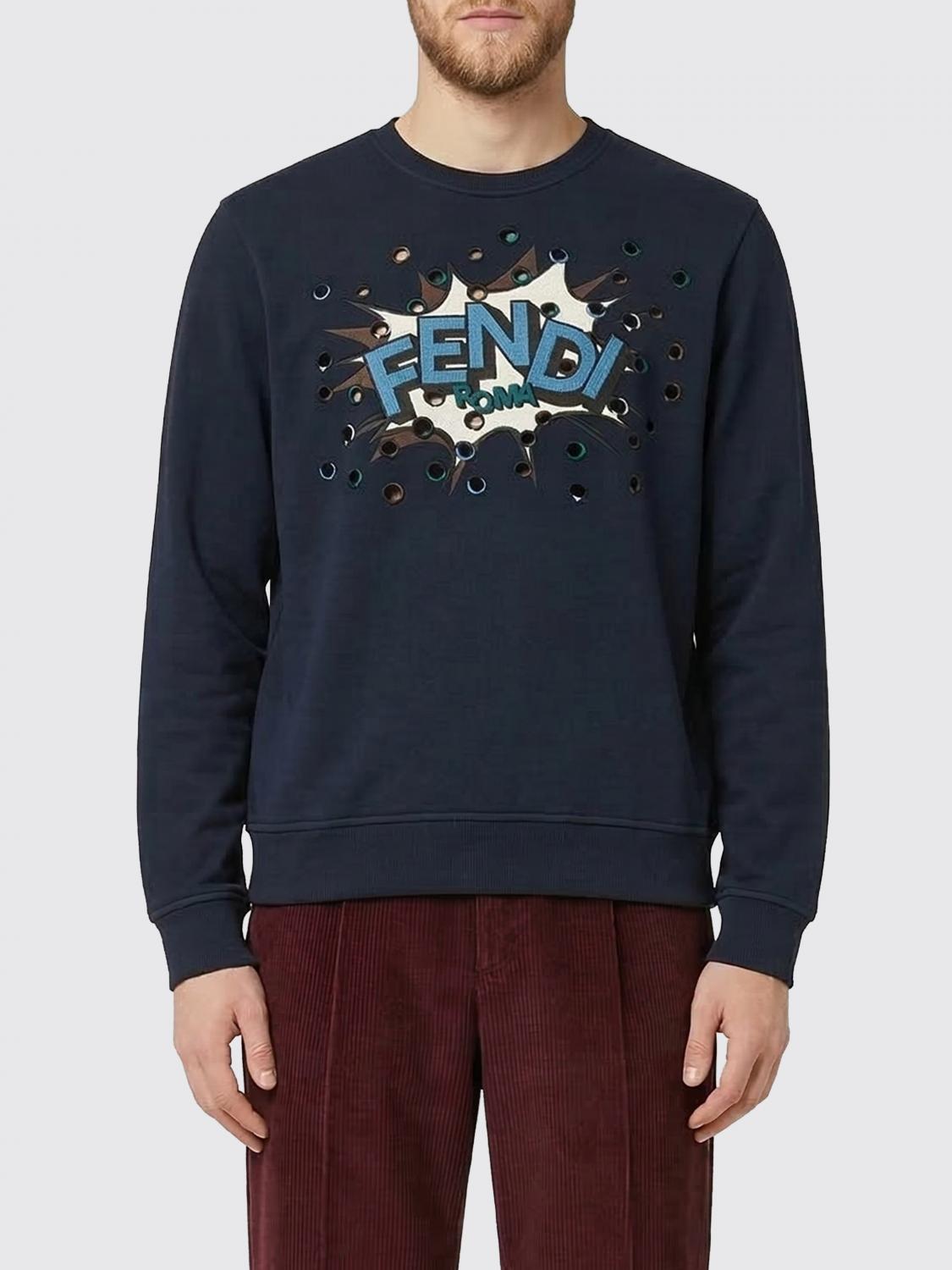 FENDI Felpa girocollo in cotone con logo effetto cartoon