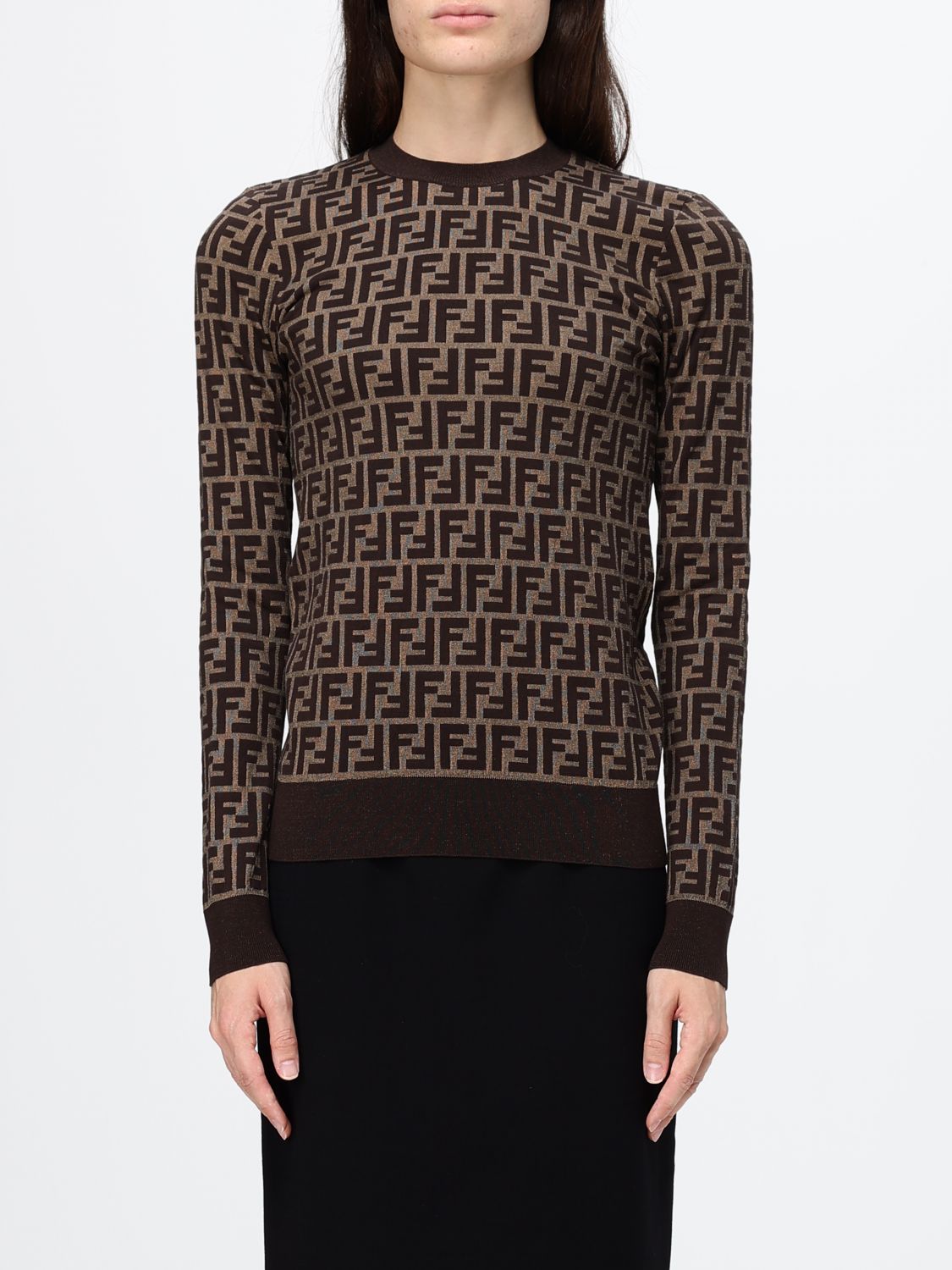 FENDI Pullover girocollo in misto cotone con motivo monogram