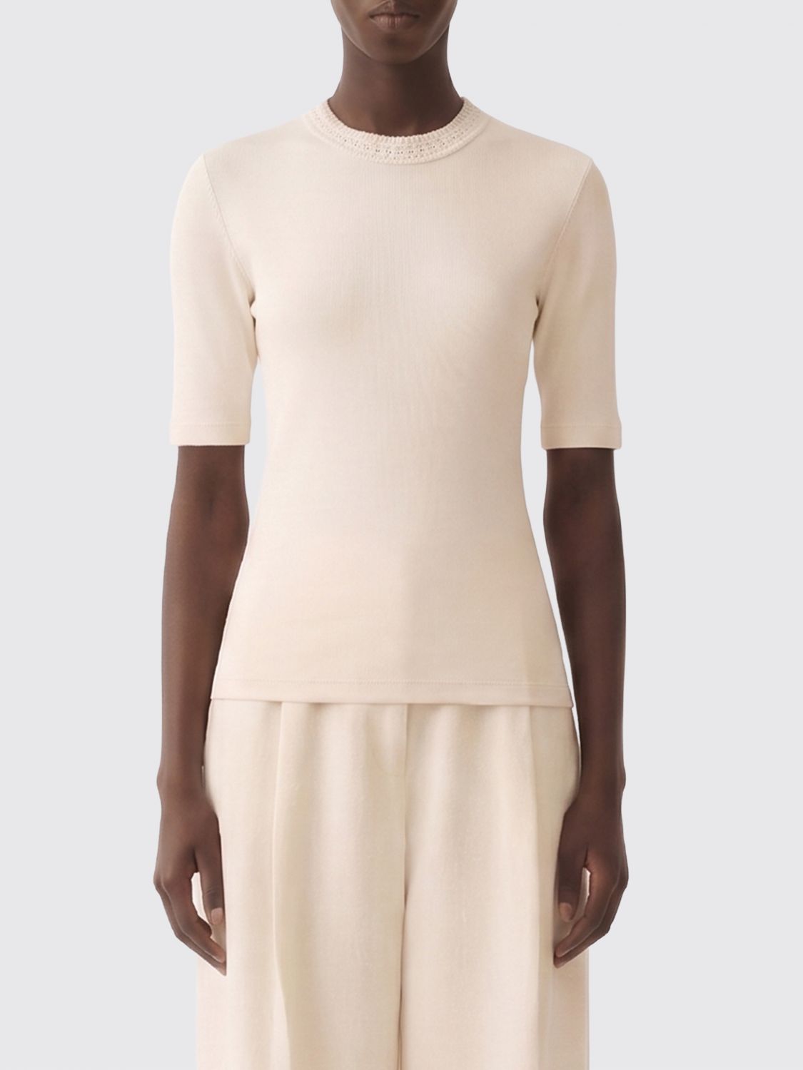 FABIANA FILIPPI T-shirt in cotone a costine con girocollo crochet